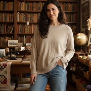 Roots Cream Oversized Crew Neck/ Tunic Cotton Sweater, Women’s